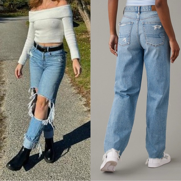 American Eagle Strigid Ripped Highest Waist Rise Baggy Straight Jeans 0 Short - Picture 1 of 15